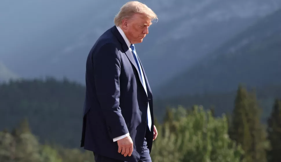 epaselect epa12180147 US President Donald Trump departs after a family photo during the Group of Seven (G7) Summit at the Kananaskis Country Golf Course in Kananaskis, Alberta, Canada, 16 June 2025. World leaders are gathered from 15 to 17 June 2025 for the annual G7 Summit. EPA/SUZANNE PLUNKETT/POOL
