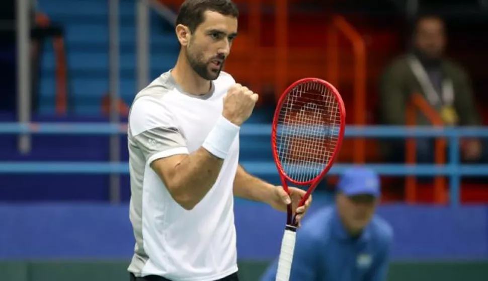 iZagreb, 07.03.2020 - Kvalifikacije Davis Cupa, Hrvatska - Indija, Marin Čilić - Sumit Nagal. Na slici Marin Čilić slavi osvojeni poen.foto HINA/ Damir SENČAR/ ds