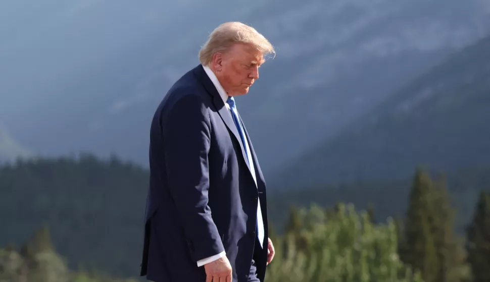 epaselect epa12180147 US President Donald Trump departs after a family photo during the Group of Seven (G7) Summit at the Kananaskis Country Golf Course in Kananaskis, Alberta, Canada, 16 June 2025. World leaders are gathered from 15 to 17 June 2025 for the annual G7 Summit. EPA/SUZANNE PLUNKETT/POOL