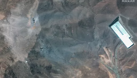 epa12190792 A handout satellite image made available by Maxar Technologies shows a closer view of craters and ash on a ridge at the Fordo underground uranium enrichment following US airstrikes, in Iran, 22 June 2025. The US forces struck three of Iran's key nuclear sites: Natanz, Isfahan and Fordo (Fordow), US President Trump announced on 21 June. EPA/MAXAR TECHNOLOGIES HANDOUT MANDATORY CREDIT: SATELLITE IMAGE 2025 MAXAR TECHNOLOGIES -- THE WATERMARK MAY NOT BE REMOVED/CROPPEDHANDOUT EDITORIAL USE ONLY/NO SALES