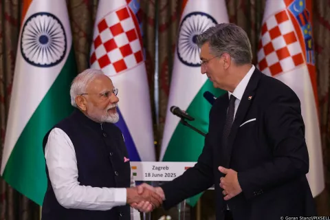 18.06.2025., Esplanade Zagreb Hotel, Zagreb - Sluzbena vecera za predsjednika Vlade Indije Narendru Modija odrzana je u Esplanade Zagreb Hotelu. Predsjednik Vlade Republike Indije Narendre Modija i predsjednik Vlade Republike Hrvatske Andreja Plenkovica odrzali su zdravicu za okupljene goste. Photo: Goran Stanzl/PIXSELL