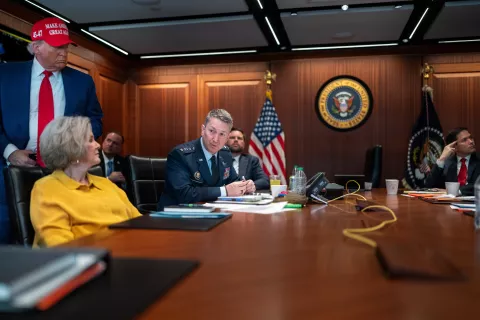 epa12190411 A handout photo made available by the White House shows and US President Donald Trump (L) Chair of the Joint Chiefs of Staff General Dan Caine (3-L) and White House Chief of Staff Susie Wiles (2-L) in the Situation Room of the White House in Washington, DC, USA, 21 June 2025. Later in the day, US President Donald Trump spoke to the nation about the US bombing of nuclear sites at three places in Iran: Fordow, Natanz and Esfahan. EPA/WHITE HOUSE/HANDOUT EDITORIAL USE ONLY/NO SALESHANDOUT EDITORIAL USE ONLY/NO SALES