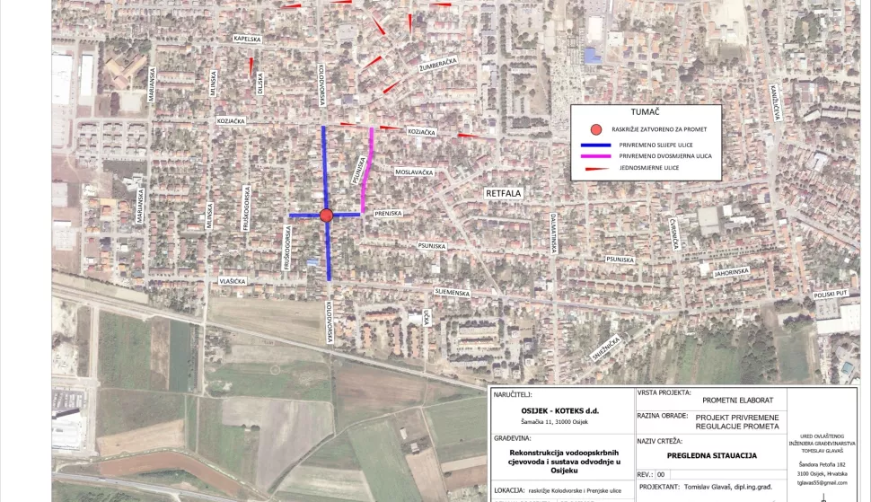 Kozjačka otvorena, aliFruškogorska je "out"Lines of Text:Kao na filmskoj traci mjenjaju se smjerovi kretanja u retfalačkim ulicama, a vezano za realizaciju projekta Osijek 4 koji realizira Vodovod.