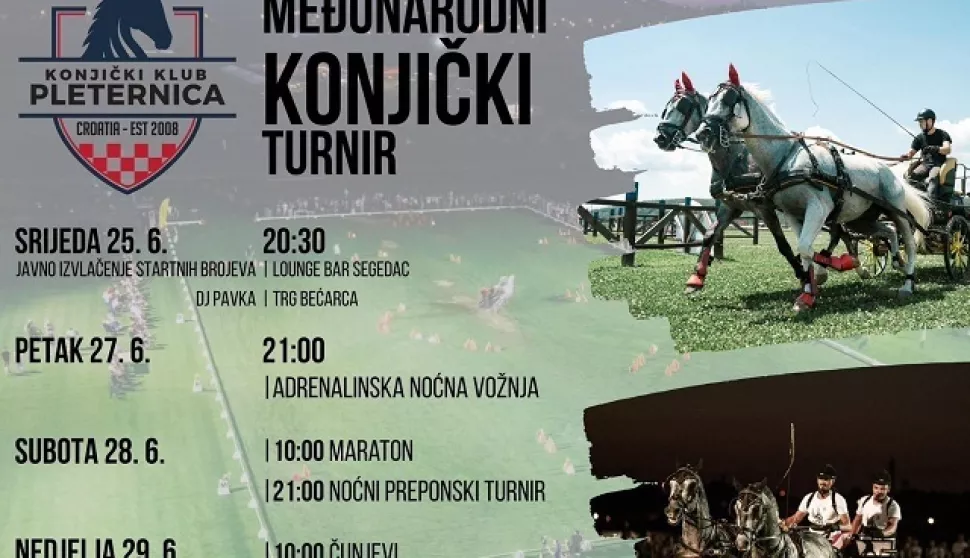 PLETERNICANa Međunarodni konjički turnir CAI Pleternica predstojećeg vikenda dolazi 40-ak natjecatelja iz Slovenije, Austrije, Mađarske, Če&scaron;ke, Slovačke i, naravno, Hrvatske. Ministarstvo turizma i sporta uvrstilo je Međunarodni konjički turnir u Pleternici u 30 velikih sportskih manifestacija u Hrvatskoj.lipanj 2025.