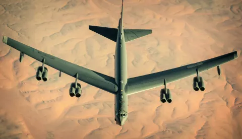 US Flies B-52 Bombers To The Middle East Handout file photo dated December 10, 2020 of a U.S. Air Force B-52 Stratofortress assigned to the 2nd Bomb Wing departs after receiving fuel from a KC-135 Stratotanker, assigned to the 340th Expeditionary Air Refueling Squadron, during a multi-day Bomber Task Force mission over Southwest Asia. The United States flew strategic bombers over the Persian Gulf on Wednesday for the second time this month, a show of force meant to deter Iran from attacking American or allied targets in the Middle East. U.S Air Force photo by Staff Sgt. Trevor T. McBride via ABACAPRESS.COM ABACA /PIXSELL