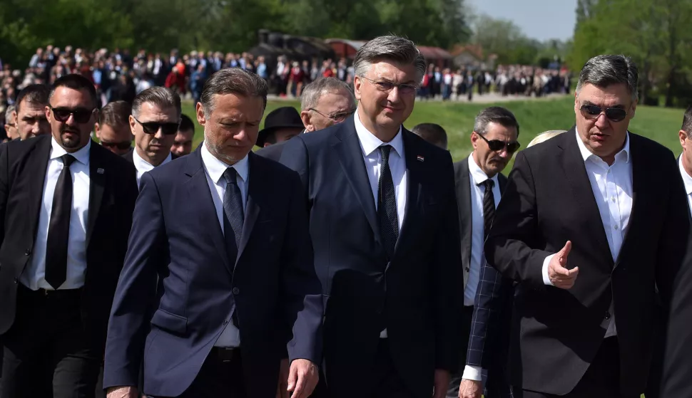 Jasenovac, 22.04.2025 (novosti) - Jasenovac, komemoracija, na slikama drzavni vrh (Milanovic, Plenkovic, Jandrokovic) u istoj koloni.foto Davor Kovacevicnovosti