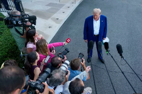 President Donald Trump gives remarks to the press as he departs the White House in Washington DC, on Tuesday, June 24, 2025. As he left for a NATO summit at The Hague, Trump admonished both Israel and Iran for breaking a ceasefire agreement that was announced yesterday evening. (Photo by Aaron Schwartz/Sipa USA) Photo: Sipa USA/SIPA USA