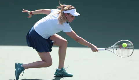 epa11900329 Donna Vekic of Croatia in action during her first round match against Sofia Kenin of USA at the Dubai Tennis Championships in Dubai, United Arab Emirates, 16 February 2025. EPA/ALI HAIDER