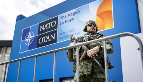 epaselect epa12190804 An armed security member guards the World Forum, the venue of the NATO summit, in The Hague, the Netherlands, 22 June 2025. The Hague will host a NATO Summit from 24 to 25 June, the first such summit to be held in the Netherlands. EPA/REMKO DE WAAL