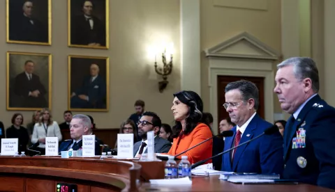 epa11989928 Director of National Intelligence Tulsi Gabbard (C), CIA Director John Ratcliffe (2-R), FBI Director Kash Patel (2-L), Director of the National Security Agency General Timothy Haugh (L) and Director of the Defense Intelligence Agency Lieutenant General Jeffrey Kruse (R) listen to remarks during the House Intelligence Committee hearing on 'The Annual Worldwide Threats Assessment' on Capitol Hill in Washington, DC, USA, 26 March 2025. Democratic members of the House Intelligence Committee questioned the Intelligence heads on why the planning of a US airstrike in Yemen was discussed on a Signal app text chain and why it included The Atlantic's editor-in-chief. EPA/SHAWN THEW