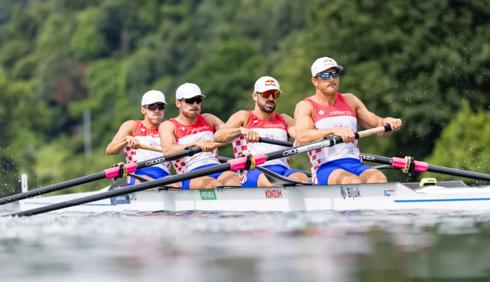epa12200701 Patrik Loncaric, Anton Loncaric, Martin Sinkovic and Valent Sinkovic of Croatia, from left, compete in the Men's Four heat on the first day of the 2025 World Rowing Cup at Rotsee in Lucerne, Switzerland, 27 June 2025. EPA/PHILIPP SCHMIDLI