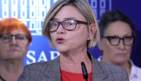 Zagreb.11.6.2025. Zastupnice Sandra Benčić, Urša Raukar-Gamulin i Damir Bakić održali su konferenciju za medije s temom "Vrijedi li glas jednako ili ovisi kome je dat".Na slici Sandra Benčić.Foto HINA/ Tomislav Pavlek/ tp