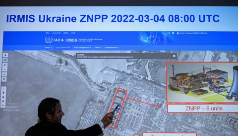 epa09800462 Director General of the International Atomic Energy Agency (IAEA) Rafael Mariano Grossi attends a press conference on the situation at the Zaporizhzhia, Ukraine, Nuclear Power Plant at the IAEA headquarters of the UN seat in Vienna, Austria, 04 March 2022. Zaporizhzhia, the largest nuclear power plant in Europe, was set on fire after shelling by Russia earlier in the day. The fire was extinguished by state emergency service workers. EPA/CHRISTIAN BRUNA