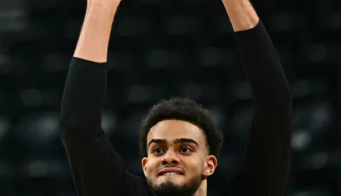 Apr 9, 2025; Salt Lake City, Utah, USA; Portland Trail Blazers center Deandre Ayton (1) warms up before a game against the Utah Jazz at Delta Center. Mandatory Credit: Jamie Sabau-Imagn Images/Sipa USA Photo: Imagn Images/SIPA USA