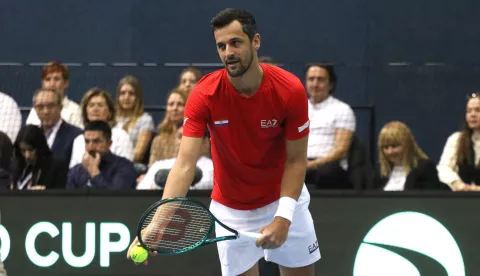 Osijek, 01. 02. 2025, SD Gradski vrt, tenis, Davis Cup, drugi dan. Hrvatska - Slovačka. Parvi Nikola Mektić i Mate Pavić- Milos Karol i Lukas Klein. Mate Pavić.snimio GOJKO MITIĆ