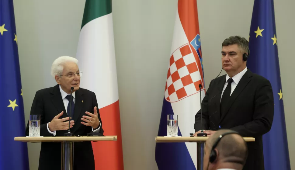 Zagreb, 07.07.2025 - Predsjednik Republike Hrvatske Zoran Milanović talijanski predsjednik Sergio Mattarella dali su izjavu za medije. Na slici Zoran Milanović, Sergio Mattarella.foto HINA/ Damir SENČAR/ ds