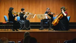 Guda​č​ki kvartet ​Rucner​ nastupio ​u ​Glazben​oj​ ​škol​i​ Slavonski Brodr 06.03.2019., Slavonski Brod - Guda​c​ki kvartet ​Rucner​ ​u ​Glazben​oj​ ​s​kol​i​ Slavonski Brod. Snjezana Rucner, Dragan Rucner, Ivana Penic Defar, Ana Paula Knapic FrankovicrPhoto: Ivica Galovic/PIXSELL 