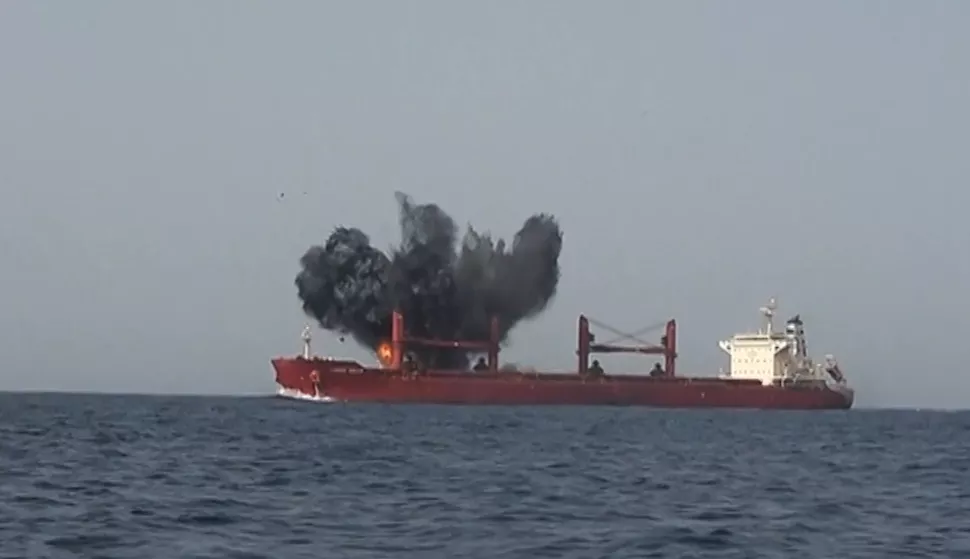 epa12225442 A screen grab taken from a handout video released by the Houthis military media center on 08 July 2025 shows the Liberian-flagged bulk carrier, the Magic Seas, sinks after being attacked in the Red Sea off the port city of Hodeidah, Yemen, 06 July 2025. Yemen's Houthis have claimed responsibility for the attack on the Liberian-flagged bulk carrier, the Magic Seas with rockets and explosive-laden remote-controlled boats in the Red Sea on 06 July 2025, causing the ship to sink. EPA/HOUTHIS MILITARY MEDIA CENTER/HANDOUT BEST QUALITY AVAILABLEHANDOUT EDITORIAL USE ONLY/NO SALES