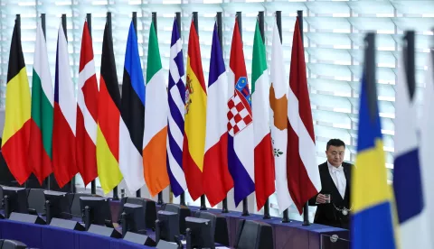 epa12182588 Flags of the European Union members in the hemicycle of the European Parliament in Strasbourg, France, 18 June 2025. The current European Parliament plenary session runs from 16 to 19 June. EPA/RONALD WITTEK