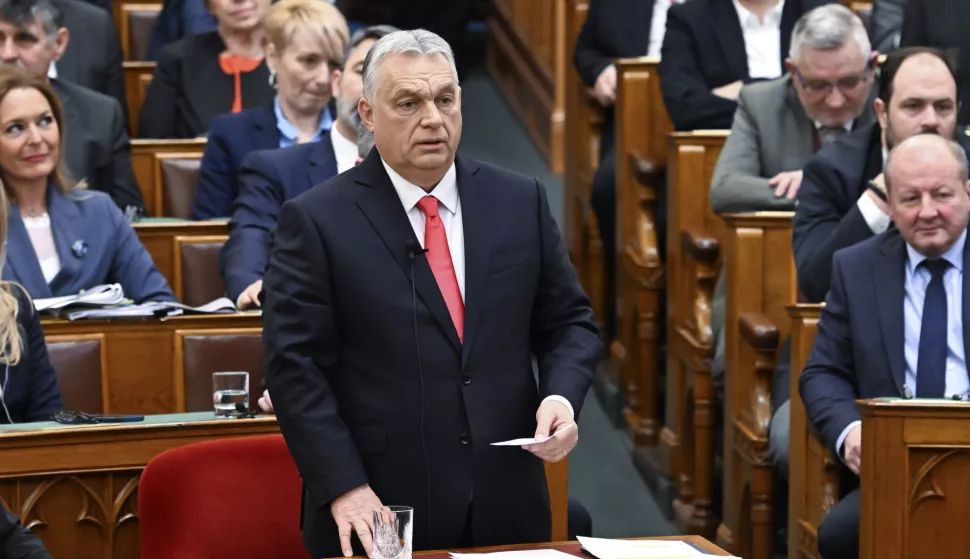 epa11921741 Hungarian Prime Minister Viktor Orban responds to the speeches of parliamentary faction leaders at the start of the spring session of the National Assembly in Budapest, Hungary, 24 February 2025. EPA/ZOLTAN MATHE HUNGARY OUT