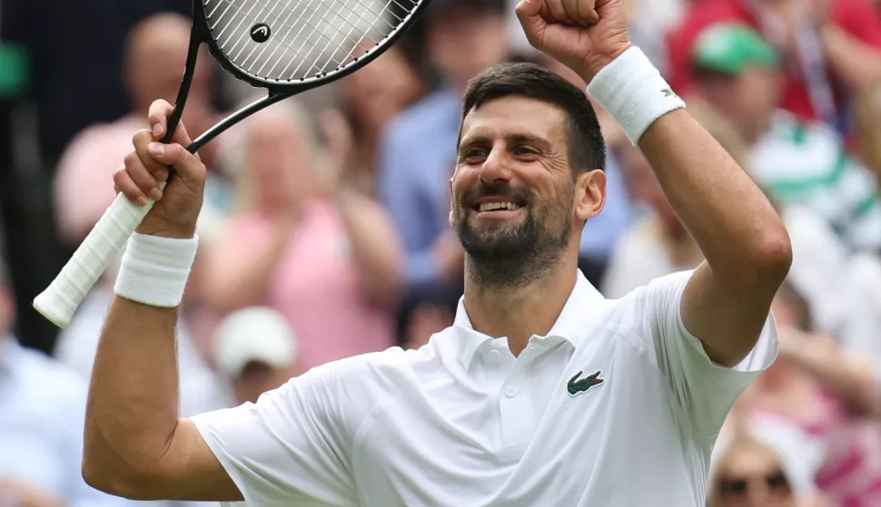 epa12222658 Novak Djokovic of Serbia celebrates after winning the Men's Singles Fourth Round match against Alex de Minaur of Australia at the Wimbledon Championships, Wimbledon, Britain, 07 July 2025. EPA/NEIL HALL EDITORIAL USE ONLY