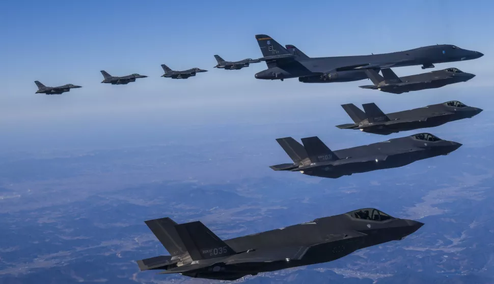 epa10476930 A handout photo made available by the South Korean Defense Ministry shows U.S Air force B-1B and South Korea Air Force F-35A aircrafts during a joint air drill after North Korea's missile launch, in South Korea, 19 February 2023. According to South Korea's Joint Chiefs of Staff (JCS), North launched an Intercontinental Ballistic Missile (ICBM) into the Sea of Japan, west of Oshima-oshima Island, Japanese northern island of Hokkaido, Japan's Exclusive Economic Zone (EEZ) on 18 February. EPA/SOUTH KOREAN DEFENSE MINISTRY/HANDOUT HANDOUT EDITORIAL USE ONLY/NO SALES