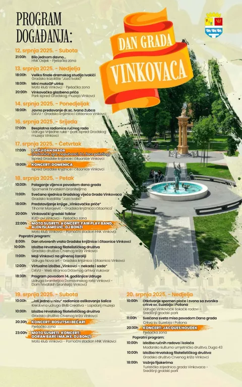 VINKOVCIGrad Vinkovci je, uz udruge, društva i institucije, priredio raznovrstan i bogat osmodnevni program za nadolazeći Dan grada Vinkovaca i blagdan zaštitnika, sv. Ilije, koji je predstavljen u središnjem vinkovačkom parku, na Trgu bana Šokčevića.2025.