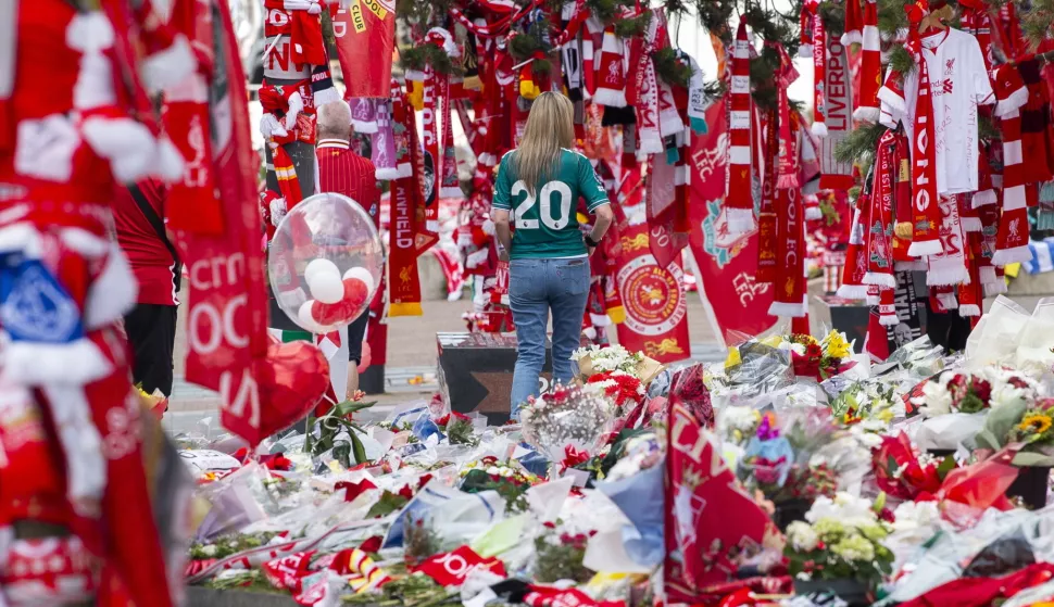 epa12228942 Tributes to soccer player Diogo Jota at Anfield, the home of Liverpool FC in Liverpool, Britain 10 July 2025. Jota died in a car accident in Spain together with his brother Andre Silva on 03 July 2025. EPA/PETER POWELL.