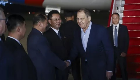 epa12232791 A handout photo made available by the Russian Foreign Ministry Press Service shows Russian Foreign Minister Sergey Lavrov (2-R) arriving in Wonsan, North Korea, 11 July 2025. Lavrov is in North Korea for a three-day working visit. EPA/RUSSIAN FOREIGN MINISTRY PRESS SERVICE HANDOUT HANDOUT EDITORIAL USE ONLY/NO SALESHANDOUT EDITORIAL USE ONLY/NO SALES