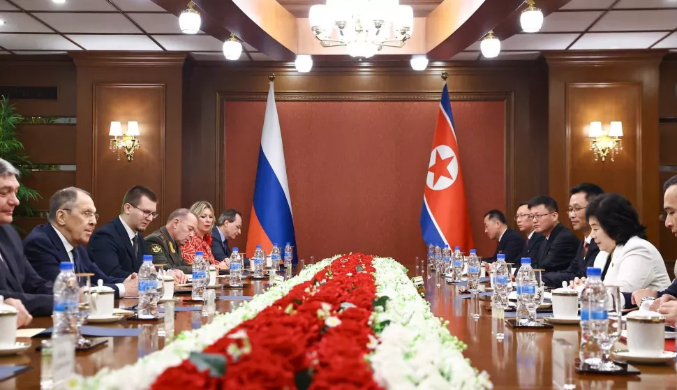 epa12233412 A handout photo made available by the Russian Foreign Ministry shows Russian Foreign Minister Sergei Lavrov (2-L) and his North Korean counterpart Choe Son-hui (2-R) during a meeting in Wonsan, North Korea, 12 July 2025. EPA/RUSSIAN FOREIGN MINISTRY HANDOUT HANDOUT EDITORIAL USE ONLY/NO SALES