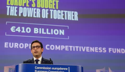 epa12241486 Executive Vice-President for Prosperity and Industrial Strategy of the European Commission Stephane Sejourne speaks during a press conference to present the proposal for the Multiannual Financial Framework (MFF) at the EU Commission in Brussels, Belgium, 16 July 2025. The European Commission presented its proposal for the MFF, amounting to almost two trillion euros, or 1.26 percent of the EU's gross national income on average between 2028 and 2034. EPA/OLIVIER MATTHYS