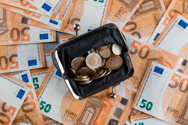 Financial concept with coins in purse on banknote and plaster background flat lay. ilustracija novac bogatasi bogatstvo banka &scaron;tednja kovceg torba freepik