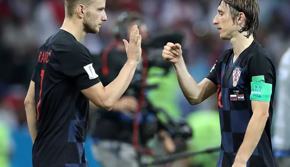 Soči, 07.07.2018. - Utakmica četvrtfinala Svjetskog nogometnog prvenstva Rusija 2018 između reprezentacija Hrvatske i Rusije na Fit stadionu. Na fotografiji Ivan Rakitić, Luka Modrić. foto HINA/ Damir SENČAR/ lsd