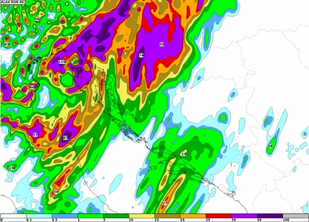 Ukupna 24-satna količina oborine (mm) za razdoblje od 26. srpnja 2025. u 2 h po lokalnom vremenu do 27. srpnja 2025. u 2 h po lokalno vremenu. Izvor: Aladin