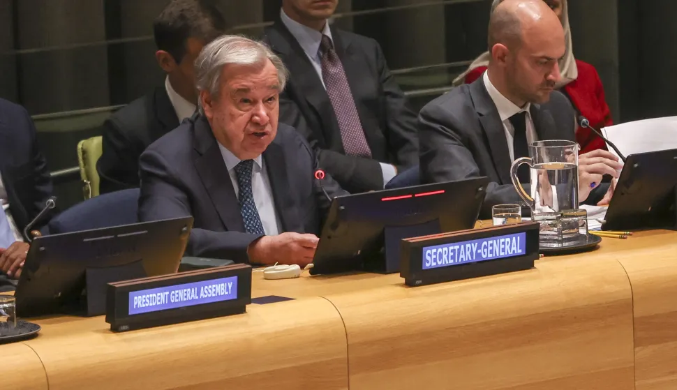 epa12268861 Secretary-General of the United Nations Antonio Guterres (L) speaks during a conference on the two-State solution to the Israeli-Palestinian conflict, at the United Nations (UN) headquarters in New York, New York, USA, 28 July 2025. EPA/SARAH YENESEL