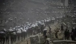 epa12265983 Internally displaced Palestinians carry bags of flour near a food distribution point in Zikim, northern Gaza Strip, 27 July 2025. The Israeli army declared a 'tactical pause' in military operations in parts of the Gaza Strip on 27 July, to facilitate the safe passage of humanitarian aid convoys. More than 130 Palestinians, the majority of whom children, have died of malnutrition in the Gaza Strip, the Palestinian Ministry of Health said on 27 July. EPA/MOHAMMED SABER