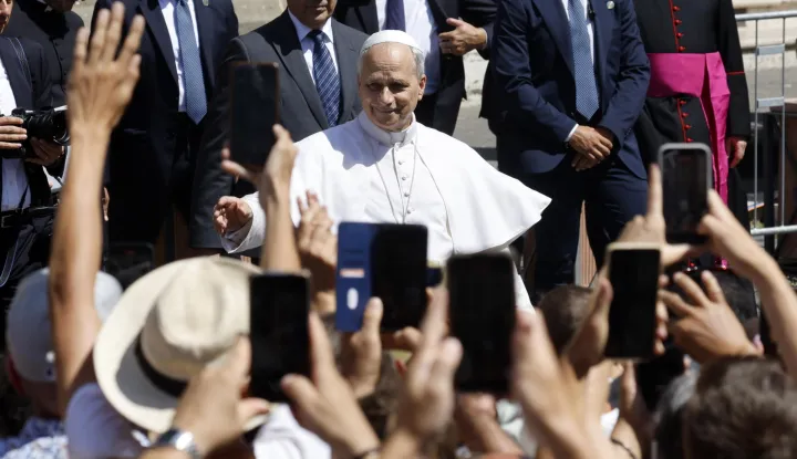 epa12248926 Pope Leo XIV gestures to the faithful as he presides over a holy mass in the Cathedral of St. Pancras in Albano near Rome, Italy, 20 July 2025. EPA/FABIO FRUSTACI