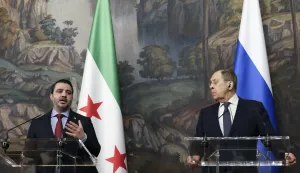 epa12274490 Syrian Foreign Minister Asaad Hassan al-Shibani (L) speaks during a press conference with Russian Foreign Minister Sergey Lavrov (R) following their meeting in Moscow, Russia, 31 July 2025. EPA/SHAMIL ZHUMATOV/ POOL