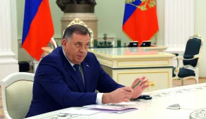 epa10648510 President of Republika Srpska Milorad Dodik attends a meeting with Russian President Vladimir Putin at the Kremlin in Moscow, Russia, 23 May 2023. Putin thanked Dodlik for Republika Srpska's impartial stance towards the war in Ukraine. EPA/ALEXEY FILIPOV/SPUTNIK/KREMLIN POOL MANDATORY CREDIT