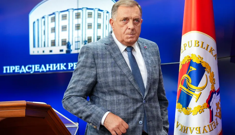 01.08.2025., Banja Luka, Bosna i Hercegovina - Predsjednik Republike Srpske Milorad Dodik odrzao je konferenciju za medije povodom prvostupne presude Apelacionog vijeca Suda BiH koje je potvrdilo prvostupnu presudu kojom je osudjen na godinu dana zatvora, te mu se zabranjuje politicko djelovanje sest godina. Photo: Dejan Rakita/PIXSELL