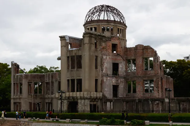 An image depicting the World Heritage-listed A-bomb Dome located within the Peace Memorial Park in Hiroshima, western Japan. The Atomic Bomb Dome, also known as the Hiroshima Peace Memorial, is a historic structure located in Hiroshima, Japan. It is an iconic symbol of the devastating atomic bombing that occurred during World War II. This building, originally an industrial promotion hall designed by Czech architect Jan Letzel, was the closest surviving building to the epicenter of the atomic explosion on August 6, 1945. (Photo by James Matsumoto/SOPA Images/Sipa USA) Photo: SOPA Images/SIPA USA