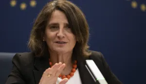 epa12237618 Executive Vice-President of the European Commission for Clean, Just and Competitive Transition Teresa Ribera speaks during a press conference in Beijing, China, 14 July 2025. Ribera is on a two-day official visit to China. EPA/ANDRES MARTINEZ CASARES