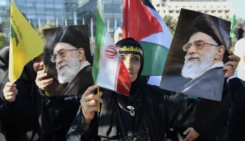 epa12194897 Lebanese women supporters of Hezbollah carry pictures of Iran's Supreme Leader, Ayatollah Ali Khamenei during a protest against the Israeli attack on Iran, during a protest against the Israeli attack on Iran, outside the United Nations Economic and Social Commission for Western Asia (UN-ESCWA) headquarters in Beirut, Lebanon, 24 June 2025. Lebanese and Palestinian people gathered in solidarity with the Iranian people, their political and military leadership, and Iran's Supreme Leader, Ayatollah Ali Khamenei. EPA/WAEL HAMZEH