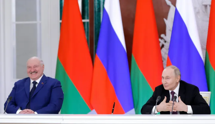epa11961415 Russian President Vladimir Putin (R) and Belarus' President Alexander Lukashenko attend a press conference following their meeting in Moscow, Russia, 13 March 2025. Lukashenko is on an official visit to Moscow. EPA/MAXIM SHEMETOV/POOL