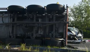12.8.2025. -, Rugvica, Zagreb, Hrvatska - Prometna nesreca, sudar cisterne i pet automobila, jedna osoba poginula, pet ozlijedenih. Autocesta zatvorena za promet na tom dijelu. Photo: Josip Mikacic/PIXSELL