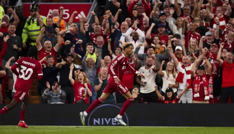 Liverpool, England, August 15, 2025: Hugo Ekitike of Liverpool celebrates after scoring the team's first goal during the Premier League 2025 match between Liverpool and Bournemouth at Anfield Stadium. (Photo by Kobie Abott/Sports Press Photo/Sipa USA) Photo: Sports Press Photo/SIPA USA