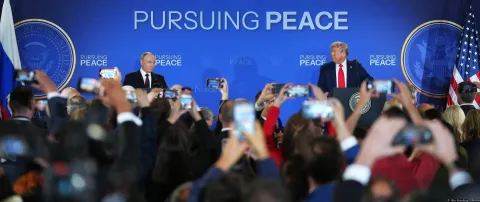 (250816) -- BEIJING, Aug. 16, 2025 (Xinhua) -- U.S. President Donald Trump (R, Rear) and Russian President Vladimir Putin (L, Rear) attend a joint press conference after concluding their talks in Anchorage, Alaska, the United States, on Aug. 15, 2025. The talks, held at Joint Base Elmendorf-Richardson in the city of Anchorage, lasted about three hours. (Xinhua/Wu Xiaoling) Photo: Wu Xiaoling/XINHUA