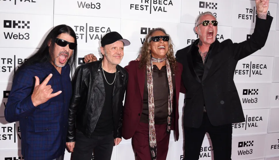 Photo by: zz/Patricia Schlein/starmaxinc.comSTAR MAXCopyright 2025ALL RIGHTS RESERVEDTelephone/Fax: (212) 995-11966/11/25Robert Trujillo, Lars Ulrich, Kirk Hammett and James Hetfield at a screening of "Metallica Saved My Life" held on June 11, 2025 during the 2025 Tribeca Film Festival in Manhattan, New York City.(NYC) Photo via Newscom Photo: zz/Patricia Schlein/starmaxinc.c/NEWSCOM