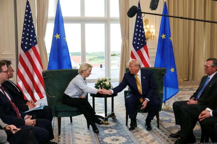 U.S. President Donald Trump shakes hands with European Commission President Ursula von der Leyen, after an announcement of a trade deal between the U.S. and EU, in Turnberry, Scotland, Britain, July 27, 2025. REUTERS/Evelyn Hockstein Photo: Evelyn Hockstein/REUTERS