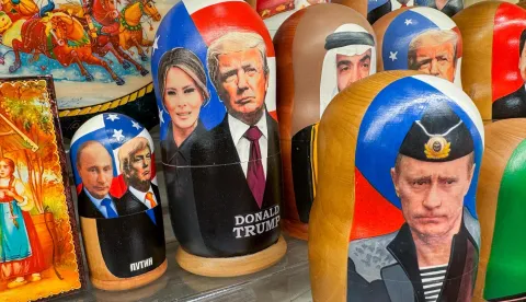 RUSSIA, MOSCOW - AUGUST 19, 2025: Russian dolls with likenesses of Russia's President Vladimir Putin, US President Donald Trump with First Lady Melania Trump, and other leaders in a souvenir shop. Mila Stepanyan/TASS/Sipa USA Photo: Tass/SIPA USA